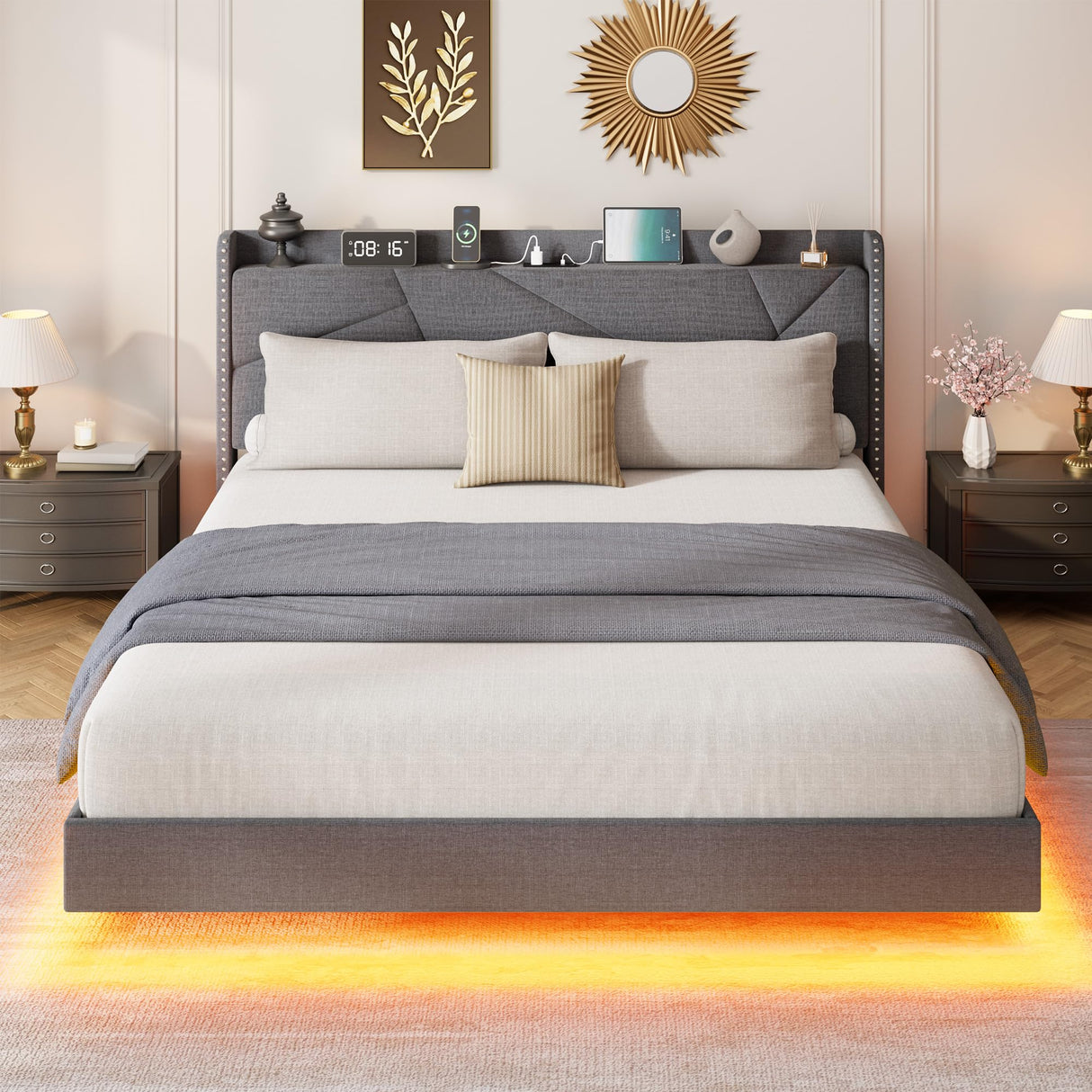 GarveeHome Queen Floating Bed Frame with LED Lights & Charging Station, Upholstered Platform Beds with Storage Headboard & Folding Shelves Storage, Metal Slats Support, No Box Spring Needed, Grey GarveeHome