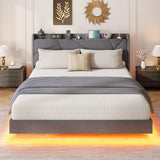 GarveeHome Queen Floating Bed Frame with LED Lights & Charging Station, Upholstered Platform Beds with Storage Headboard & Folding Shelves Storage, Metal Slats Support, No Box Spring Needed, Grey GarveeHome
