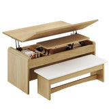 Homiflex Coffee Table Lift Top, 40'' Multi-Function Coffee Table Set with Bench & Hidden Compartment, Center Table w/Curved Corner, Converts to Home Office Table, Dining Table for Living Room, Natural Homiflex