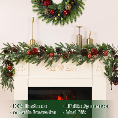 Christmas Garland - 5.9ft Christmas Garland for Mantle, Norfolk Pine Garland Cedar Garland with Christmas Fruits Lotus Pod Garlands for Home Party Fireplace Decor