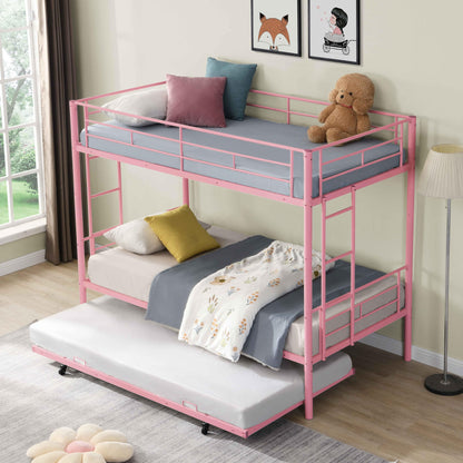 Zyerch Twin Over Twin Bunk Bed with Trundle, 3 Bunk Beds for Kids, Twin Bunk Beds Metal Bed Frame with 2 Ladders & Full Length Guardrail, Noise Free Metal Bunkbeds, Pink