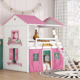 Harper & Bright Designs Full Over Full Bunk Beds for Kids,Wood Sweet Heart Novelty Bunk Bed with Elegant Windows, Sills and Tent,House Bunk Beds for Girls,Boys,Pink+White Harper & Bright Designs