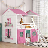 Harper & Bright Designs Full Over Full Bunk Bed, Wood Full Size House Bed with Elegant Windows, Sills and Tent, Pink+White Harper & Bright Designs