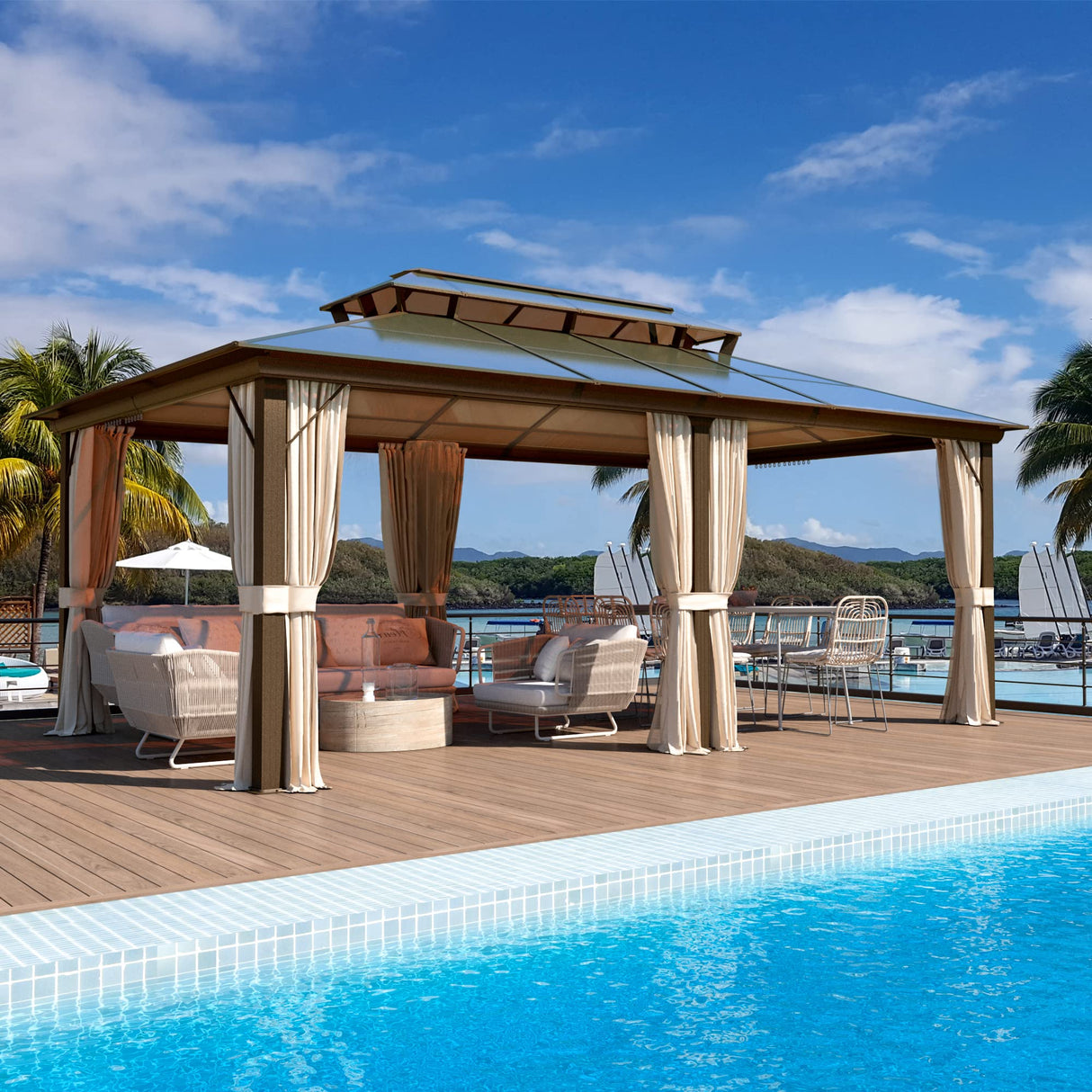 MELLCOM 12'x20' Hardtop Gazebo with Polycarbonate Double Roof, Aluminum Frame Outdoor Gazebo Permanent Pavilion with Curtains and Netting for Patio, Lawn & Garden MELLCOM