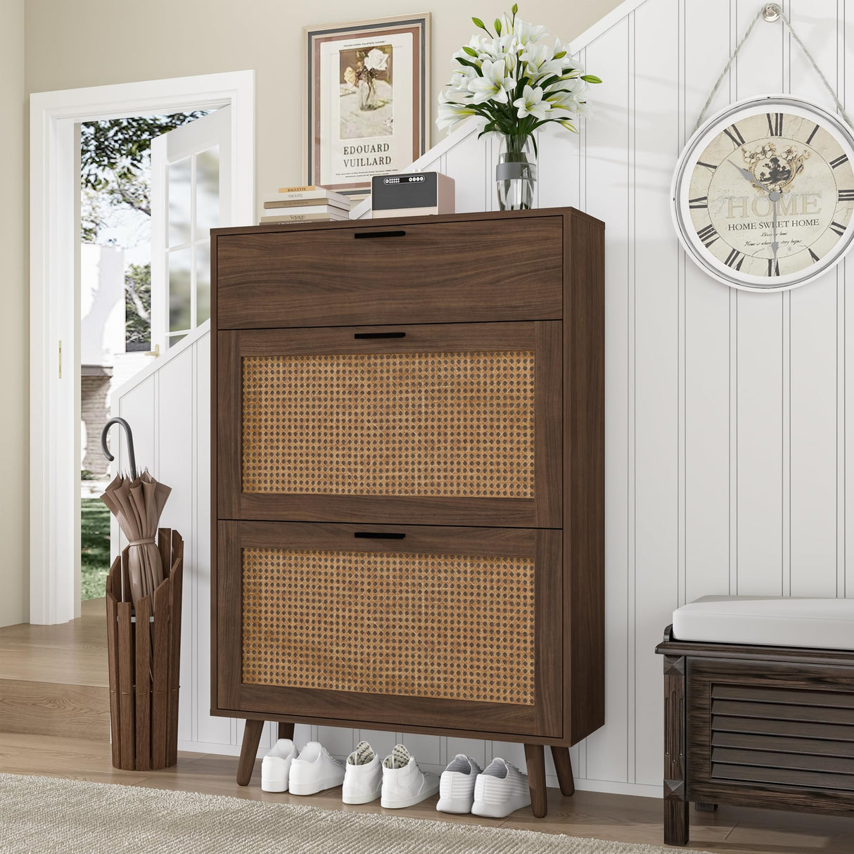 Shoe Cabinet Storage for Entryway, Narrow Shoe Cabinet with 2 Flip Drawers and Hidden Cabinet, Rattan Shoe Cabinet for Entryway, Hallway, Entrance, HOMBCK