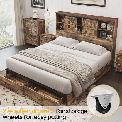 HOWE Rustic Brown Queen Wood Platform Bed with Bookcase Headboard and Storage Solutions - WoodArtSupply