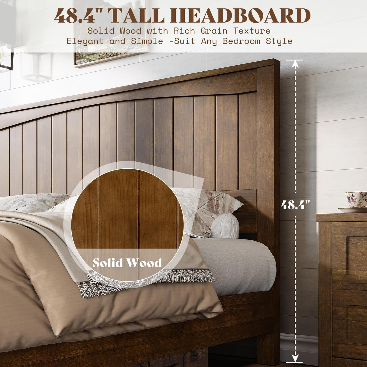 AMERLIFE Solid Wood Bed Frame with 48" Headboard, Mid-Century Modern Platform Bed with Durable Wooden Slats, No Box Spring Needed, Easy Assembly, Quiet, Full Size, Chestnut Finish AMERLIFE