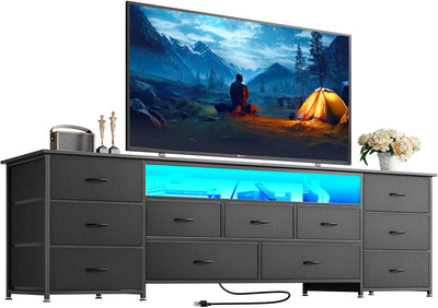 Huuger 70 Inch TV Stand for 75, 80 Inch TV, 11 Drawer Long Dresser with Power Outlets and LED Lights, Entertainment Center with Storage, Black Dresser with PU Leather Surface, 1TS011B