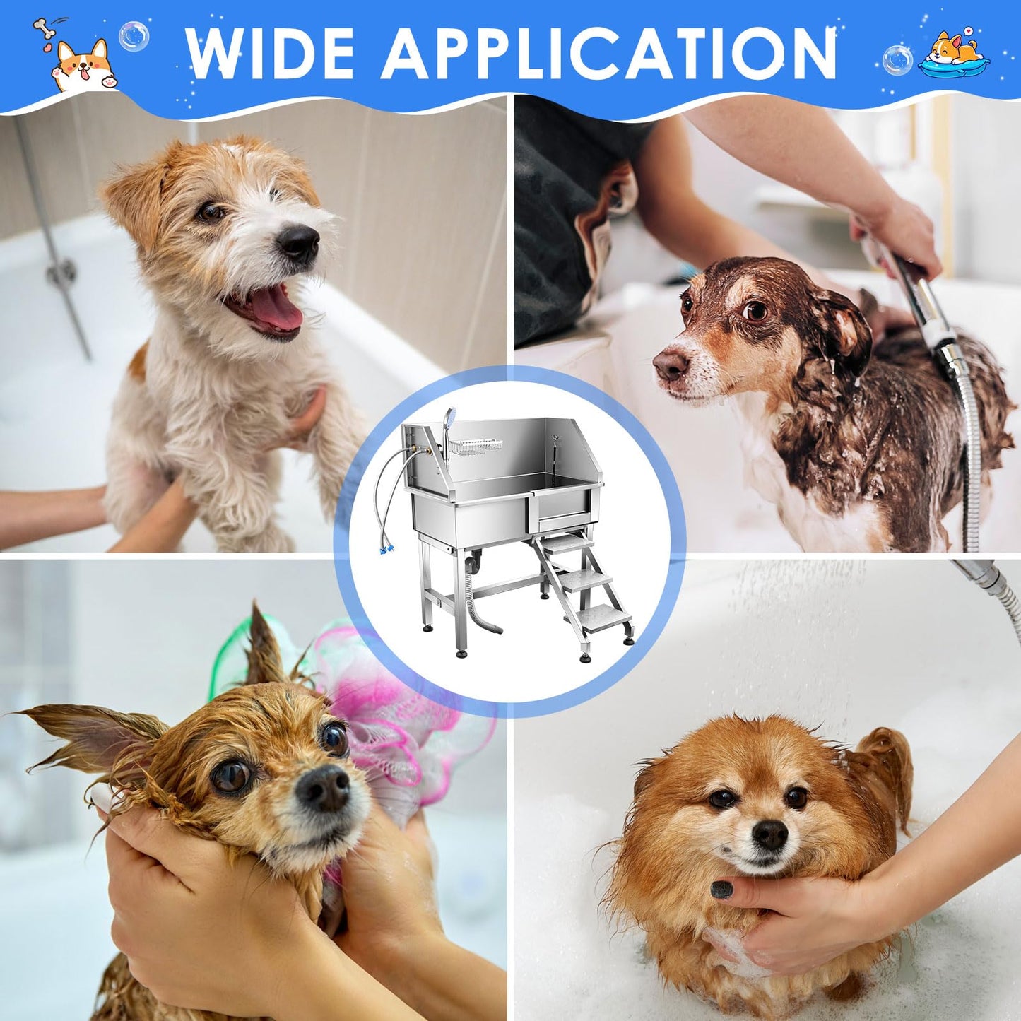 Yokrawpet 34'' Dog Washing Station,Dog Grooming Tub Stainless Steel Dog Washing Station for Small Pets, Dog Bathtub with Faucet Walk-in ramp and Accessories (Left Door)