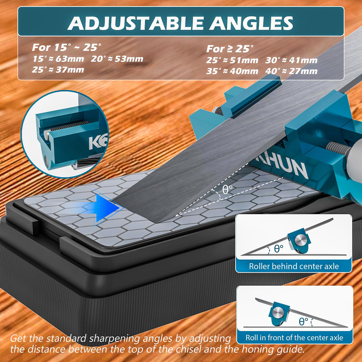 Kopkhun Chisel Honing Guide with Whetstone – Adjustable Sharpening Jig for Chisels and Plane Irons (0.2”–2.55”) – Anti-Rust Metal Body – Smooth Rolling Sharpening Tool Kit Kopkhun