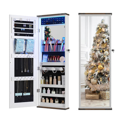 FREDEES Farmhouse Jewelry Organizer,Jewelry Armoire Cabinet with LED Lights Wall or Door Mounted, Full Length Mirror with Storage&Lockable,Interior Mirror,White