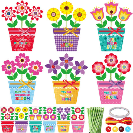 Kosiz 24 Sets Mother's Day Crafts Kit for Kids Flower Card Making Kit with Buttons Straws Ribbon DIY Flower Pot Handmade Greeting Card for Mother's Day Gift Home School Classroom Art Activities Kosiz