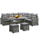 KROFEM 6-Piece Outdoor Patio Furniture Set - Sectional Sofa, Dining Table & Chairs Included, All-Weather Dining Set with Ottoman, Grey Wicker and Grey Cushions KROFEM