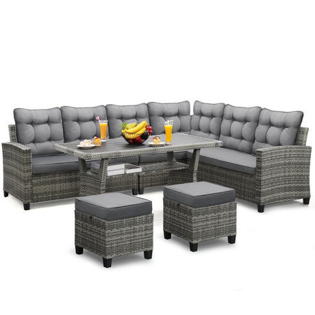 KROFEM 6-Piece Outdoor Patio Furniture Set - Sectional Sofa, Dining Table & Chairs Included, All-Weather Dining Set with Ottoman, Grey Wicker and Grey Cushions KROFEM