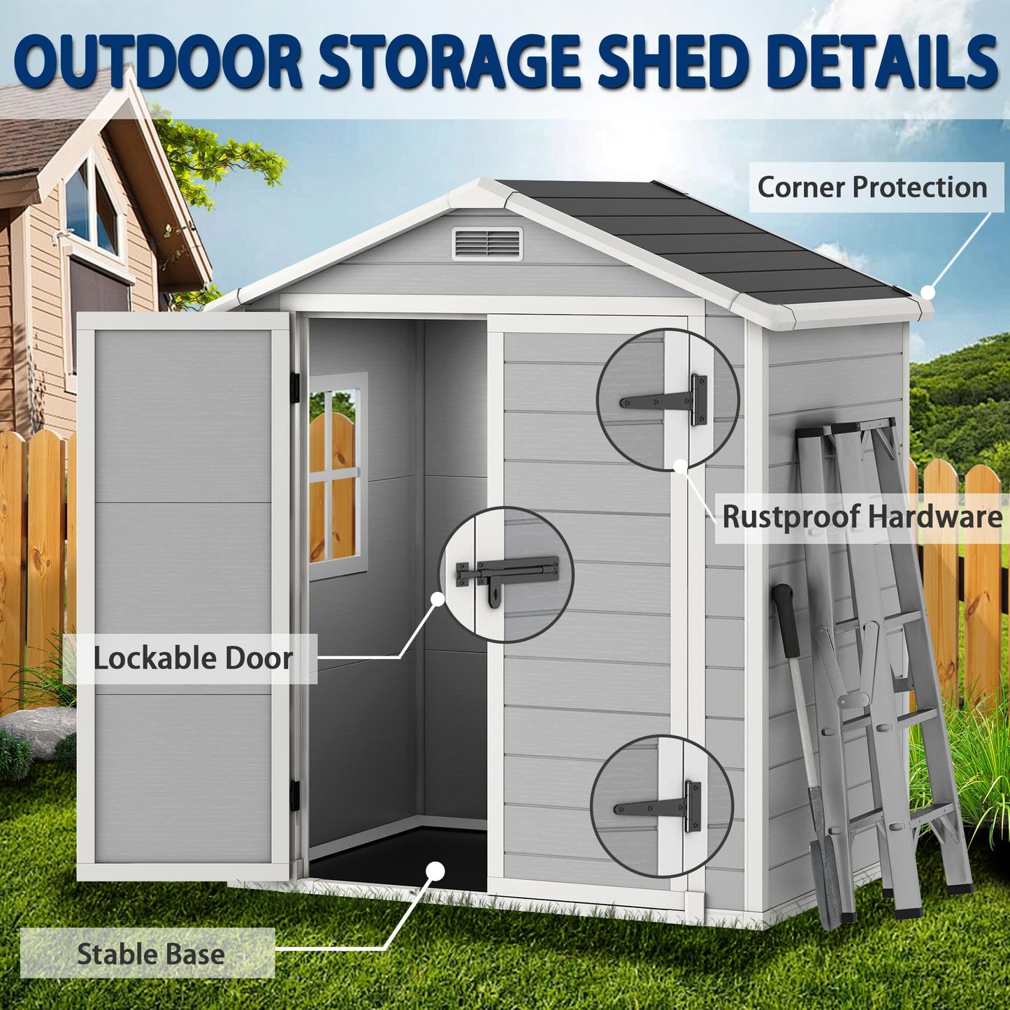 Outdoor Storage Shed, 6x4.4 FT Resin Shed with Floor, Weather-Resistant Plastic Garden Shed with Window, Lockable & Vents, for Garden Tool Outside Sheds, Bike Shed, Backyard Shed (Grey)