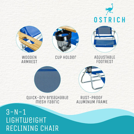 Ostrich 3N1 Lightweight Lawn Beach Reclining Lounge Chair with Footrest, Outdoor Furniture for Patio, Balcony, Backyard, or Porch, Blue Ostrich