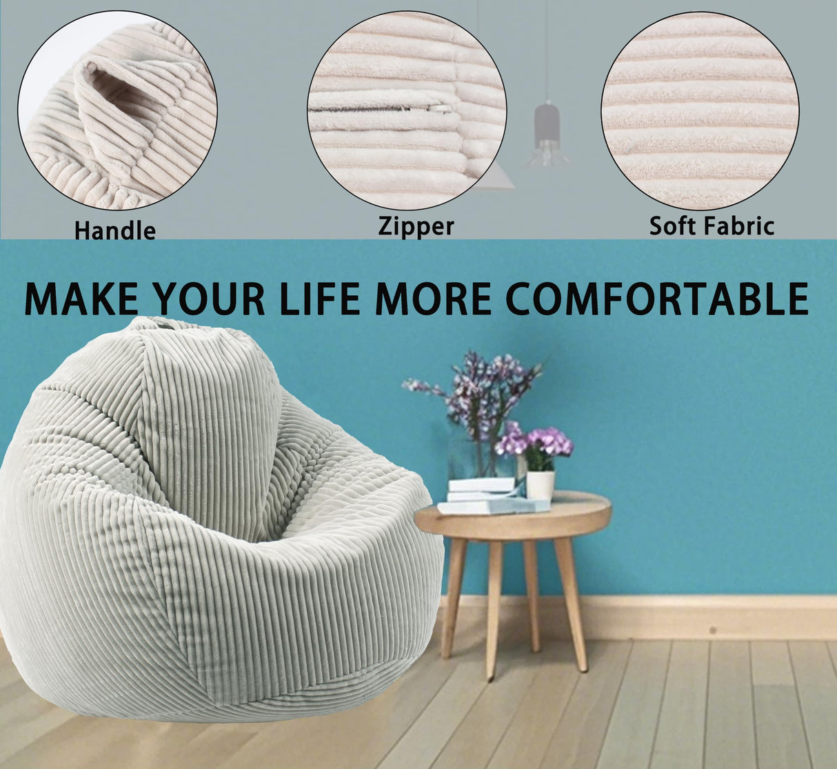 ENBAOHUI 3Ft Bean Bag Chairs with Memory Foam Chairs for Kids Teens Toddler Faux Fur Sofa Chair with Handle Grey ENBAOHUI