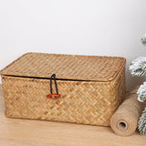 Moosky Wicker Shelf Baskets with Lid,Handwoven Seagrass Basket for Storage Basket Bins Rectangular Home Organizer Gift Boxes (Natural Set of 2) Moosky