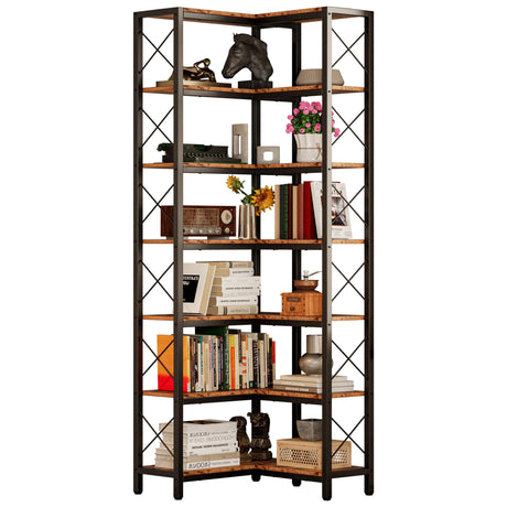 IRONCK Corner Bookshelf, 7-Tier Industrial Corner Bookcase, Tall Corner Shelf Storage Display Rack with Metal Frame for Living Room Home Office, Vintage Brown IRONCK
