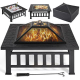Yaheetech 34in Fire Pit Table Outdoor Wood Fire Pits Fire Pits for Outside Patio Square Steel Stove with Mesh Screen, Waterproof Cover & Poker for Bonfire Camping Yaheetech