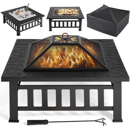 Yaheetech 34in Fire Pit Table Outdoor Wood Fire Pits Fire Pits for Outside Patio Square Steel Stove with Mesh Screen, Waterproof Cover & Poker for Bonfire Camping Yaheetech