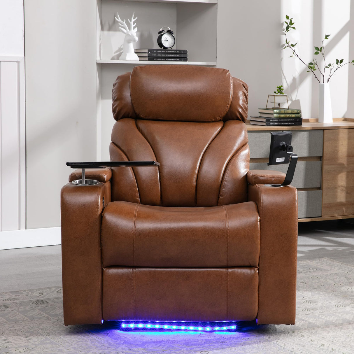 Power Motion Recliner Electric Power Recliner Chair with USB Charging Port, Hidden Arm Storage and Convenient Cup Holder, Ambient Lighting Gaming Recliner Chair Home Theater Seating (Light Brown) BEDGJH