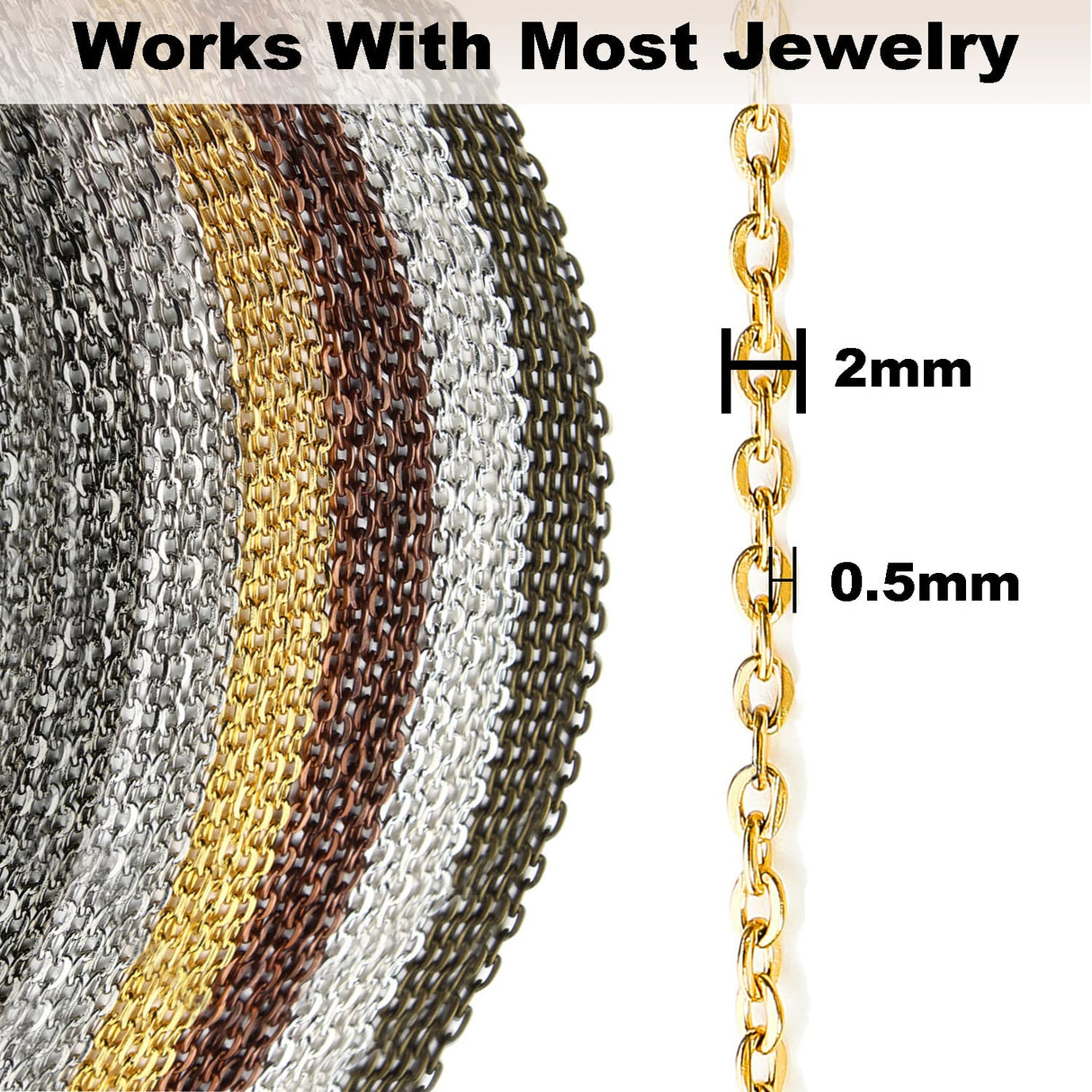 Jishi Chains Jewelry Making Supplies, 60ft Cable Link Chains for Making Jewelry Necklace Earring Bracelet Findings DIY Craft Kit for Adults, 6-Color 2mm Gold Silver Copper Plated Metal Link Rolls Bulk Jishi