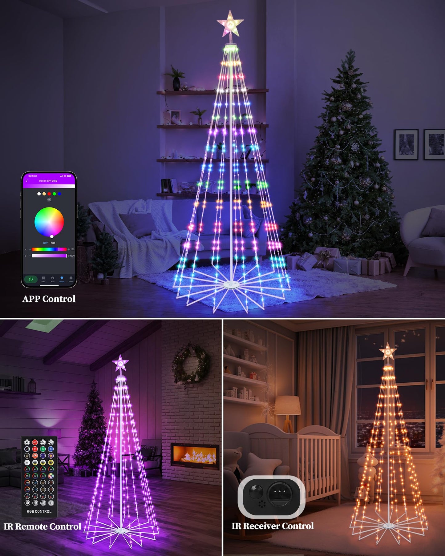 Sucolite 7 FT 295 LED Smart Cone Christmas Tree, Prelit Christmas Tree with 16 Million DIY RGB LED Light Show, Lighted Artificial Tree with Remote APP Control Music Sync for Xmas Outdoor Decorations