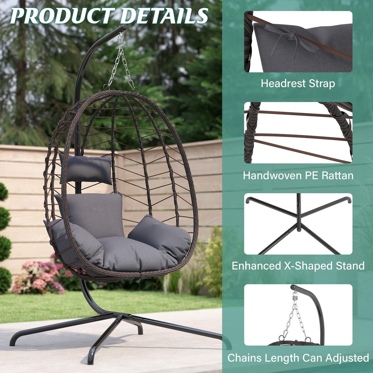 Hanging Egg Chair with Stand, Swinging Egg Chair Outdoor Indoor, Hanging Basket Chair with Cushion, Patio Wicker Hammock Chair 350lbs Capacity for Bedroom, Porch, Balcony, Backyard, Garden (Grey) LEX CRAFT