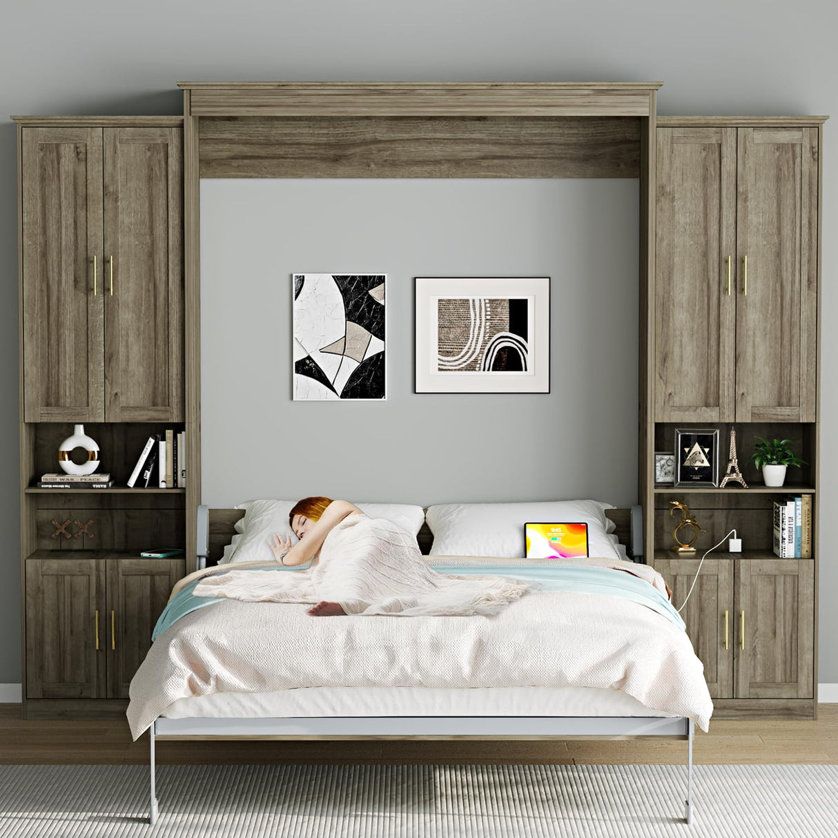 Rophefx Murphy Bed Queen with 2 Side Cabinet Storage Shelves, Queen Wall Bed Cabinet with USB Port, Wood Foldable Platform Bed Frame, Space Saving Beds, Modern Hidden Bed for Guest Room, Home, Grey Rophefx