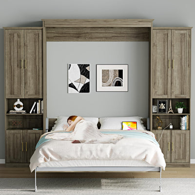 Rophefx Murphy Bed Queen with 2 Side Cabinet Storage Shelves, Queen Wall Bed Cabinet with USB Port, Wood Foldable Platform Bed Frame, Space Saving Beds, Modern Hidden Bed for Guest Room, Home, Grey