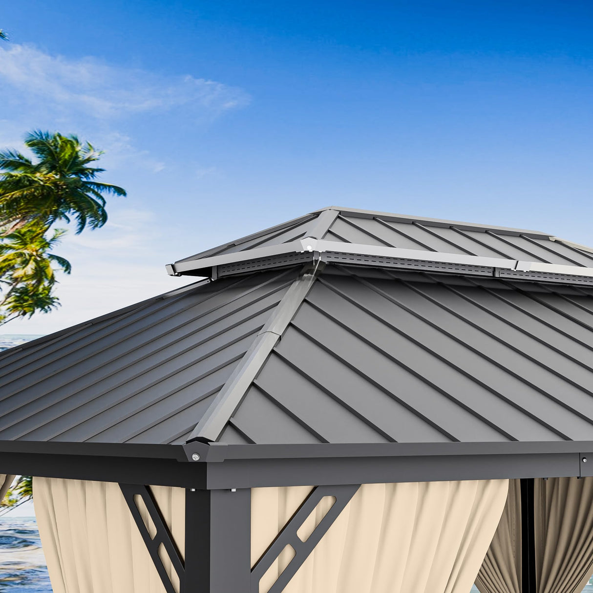 RTDTD 12’x14’ Hardtop Gazebo Outdoor Aluminum Frame Permanent Gazebo Galvanized Steel Double Roof Pergola with Nettings and Curtains for Patio, Lawns,Backyard, Deck(Brown) RTDTD