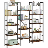 Shintenchi Triple Column 5 Tier Bookshelf, Industrial Large Bookcase Display Shelves, Large Etagere Bookshelf,Wide Book Shelf Book Case for Home & Office, Rustic Brown Shintenchi