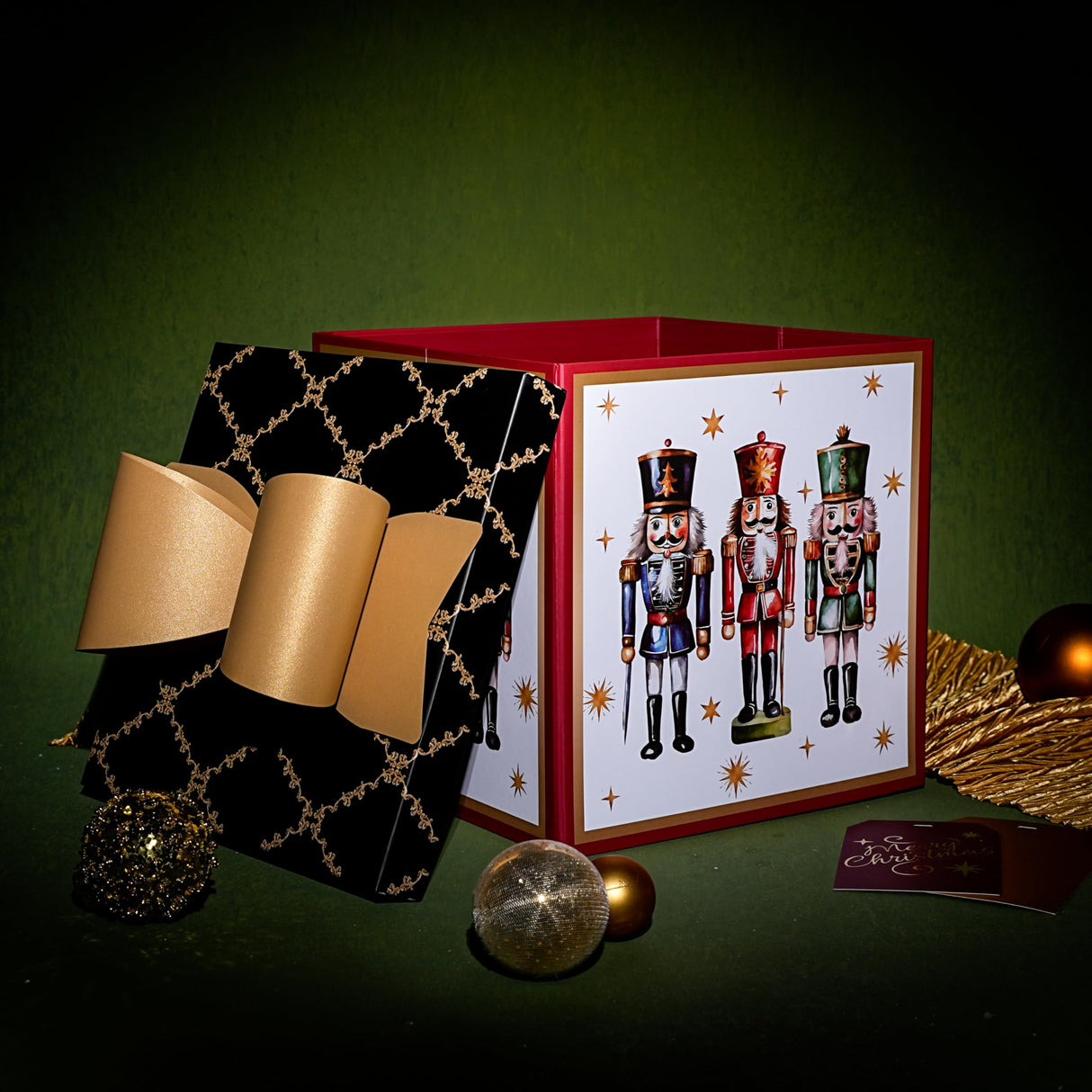 LaRibbons Large Christmas Gift Boxes with Lids, 10x10x10 Inches Nutcracker Design Folding Square Gift Boxes for Christmas Decorative Xmas Present, Red and Black LaRibbons