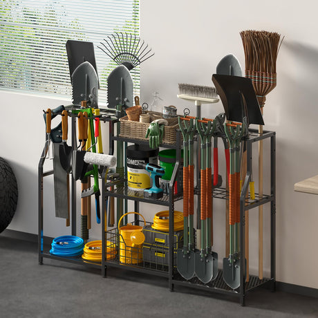 keomaisyto Garden Tool Organizer, Heavy Duty Yard Tool Tower Rack for Garage Organization and Storage, 3 Tier Utility Garden Tool Rack with hooks for Garden/Shed/Garage/Yard/Basement/Lawn keomaisyto