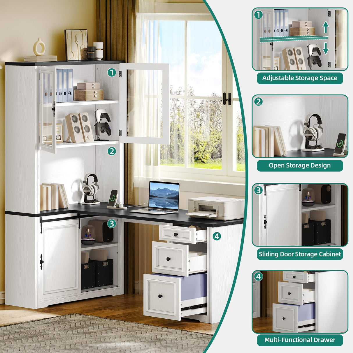 YITAHOME L Shaped Executive Desk with Hutch and Drawers, Farmhouse Home Office Desk with Power Outlet, Wood Corner Computer Desk with Sliding Door, Storage Cabinet with Glass Door, White & Black YITAHOME