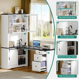 YITAHOME L Shaped Executive Desk with Hutch and Drawers, Farmhouse Home Office Desk with Power Outlet, Wood Corner Computer Desk with Sliding Door, Storage Cabinet with Glass Door, White & Black YITAHOME