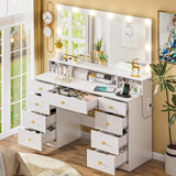 Vanity Desk with Large Lighted Mirror 10 Led Lights,43.3"Large Makeup Vanity with 9 Drawers,Power Outlet,Makeup Dressing Table with Crystal Handles,Christmas Vanity Table for Women Girls (White) DINGIPP