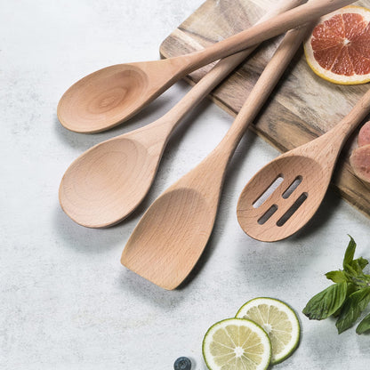 Wooden Spoons for Cooking Wooden Kitchen Utensil Set of 4 Beech Wood Non Scratch BILL.F Wooden Cooking Utensils Spatula Set Including Spoon, Turner,and Slotted Spoon with Long Handle