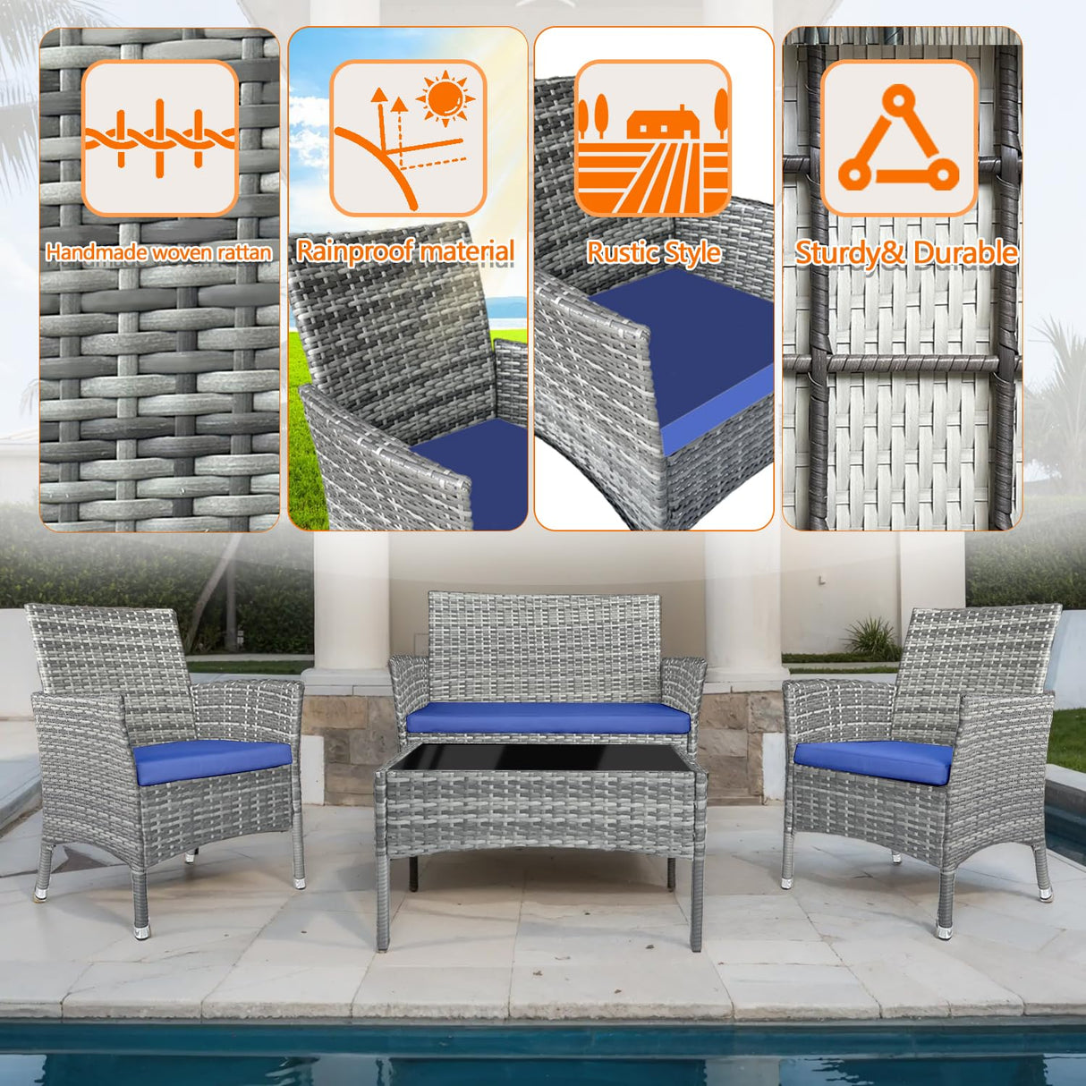 Patio Furniture Set 4 Pieces,Rattan Wicker Double Sofa, Coffee Table,Conversation Outdoor Sets, with Coffee Table and Soft Cushions, Garden Balcony Backyard Lounge Chairs (Gray+Blue Cusion) Generic