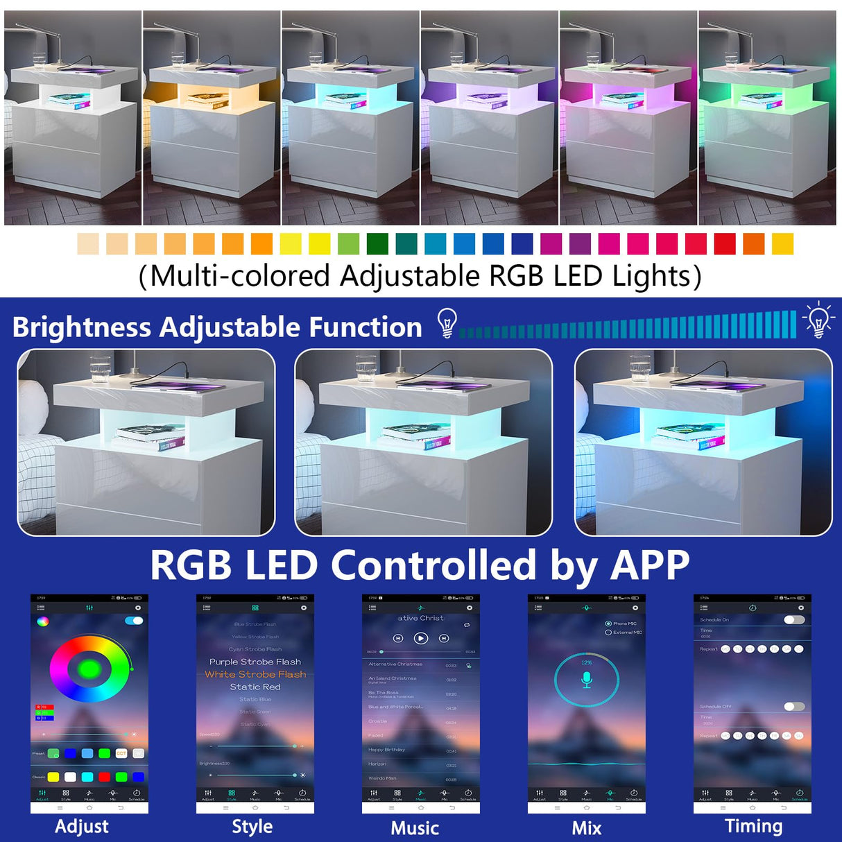 HOMMPA LED Nightstand with Wireless Charging Station & USB Ports High Gloss Bedside Table with LED Light RGB Adjustable Brightness Smart Nightstand 2 Drawers Night Stand for Bedroom White HOMMPA