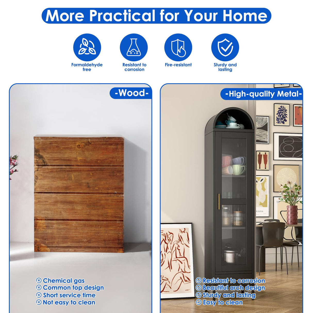 METALYEYE 73''H Metal Arched Storage Cabinet, Arch Display Bookcase Cabinet with Glass Doors & Shelves and 1Drawer for Living Room, Kitchens and Bedrooms,Office, Black, Assembly Required METALYEYE