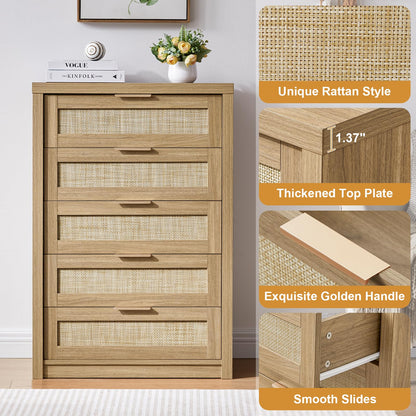 Tall Dresser for Bedroom with 5 Rattan Drawers, Modern Storage Cane Cabinet, Boho Wooden Closet Dressers Chest of Drawers for Living Room Hallway Nursery Entryway, 17.7"D x 29.5"W x 46.7"H - WoodArtSupply