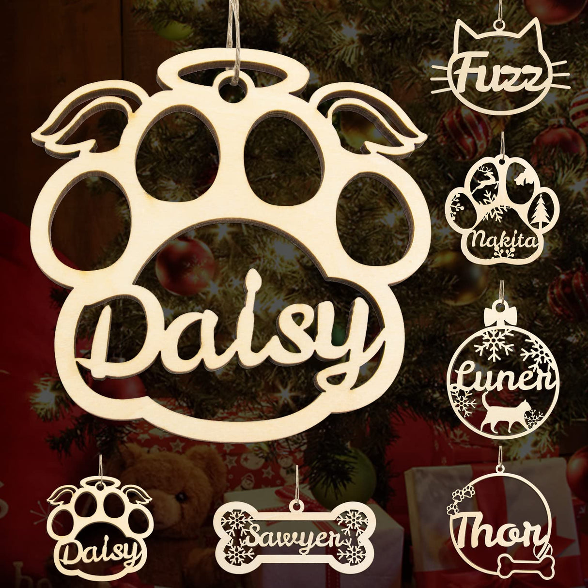 Personalized Cat Paw Christmas Ornaments with Angel Wings, Custom Pet Name Wooden Ornaments for Christmas Tree Decorations Gifts SIMIEEK