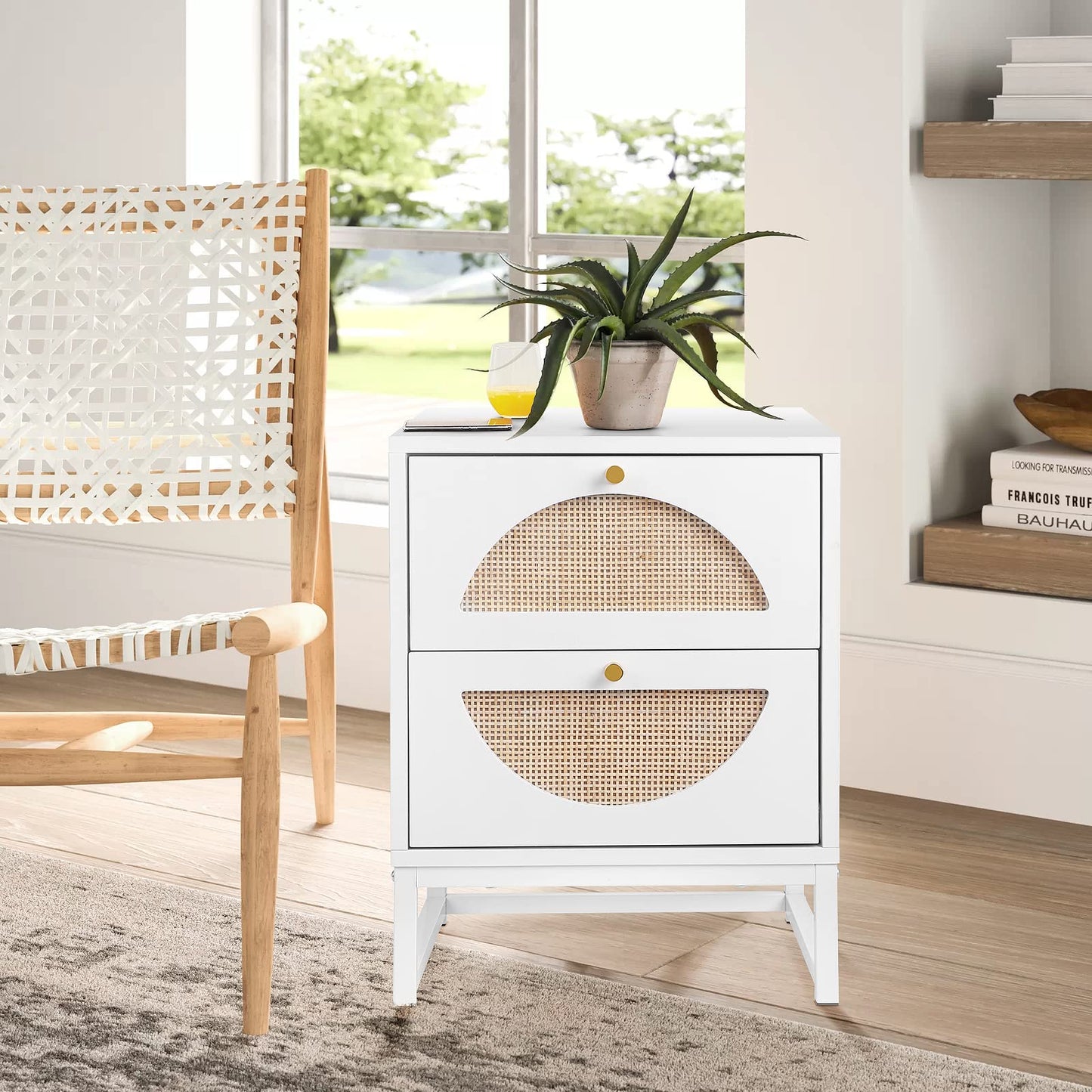 AWQM Rattan Nightstand Set of 2, End Side Table with 2 Rattan Drawers, Wood Square Bedside Table with Storage, Accent Sofa Table for Home Office Living Room Bedroom, White