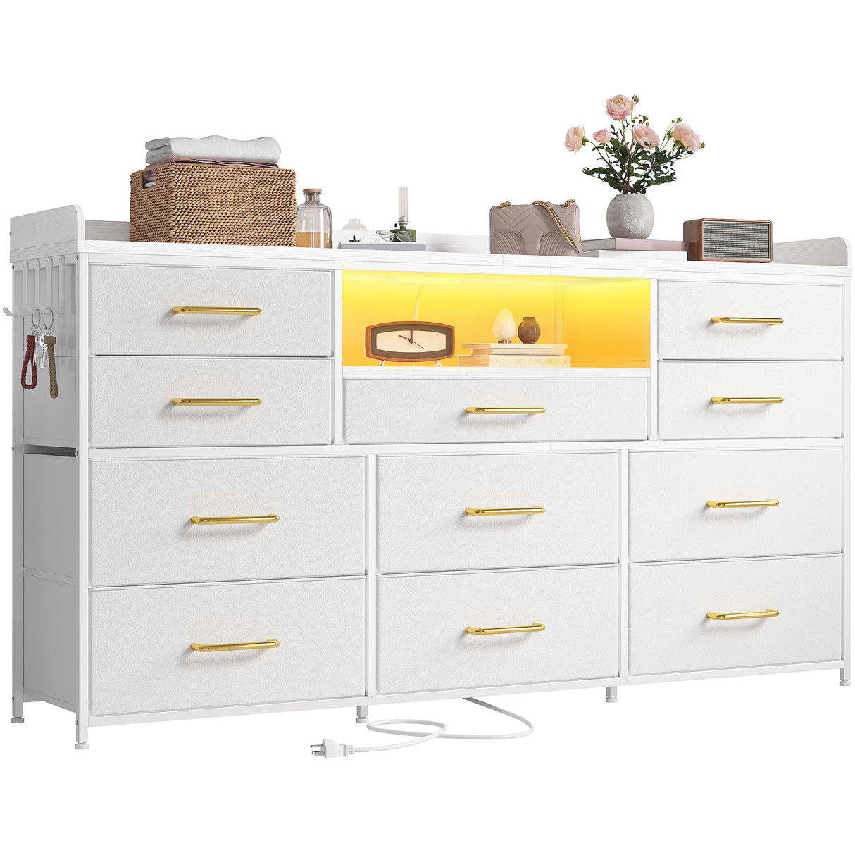 EnHomee Dresser TV Stand with 11 Drawers for 60" TV Stand for Bedroom with LED Lights & Power Outlets Long Dresser for Bedroom with Shelves & 4 Hooks Sturdy Metal Frame & Wood Top, White EnHomee