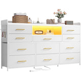 EnHomee Dresser TV Stand with 11 Drawers for 60" TV Stand for Bedroom with LED Lights & Power Outlets Long Dresser for Bedroom with Shelves & 4 Hooks Sturdy Metal Frame & Wood Top, White EnHomee
