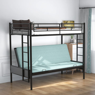 MWrouqfur Twin Over Futon Bunk Bed with Stairs, Metal Bunk Bed with Futon on Bottom, Convertible Bunk Beds with Couch Underneath for Kids Girls Boys