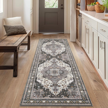 BEIMO Runner Rugs for Hallway 2x5 Machine Washable Runners, Boho Vintage Retro Floral Medallion Runners for Kitchen Entryway Bathroom, Low Pile Lightweight Thin Chenille Non Slip Runner Rug，Dark Grey BEIMO