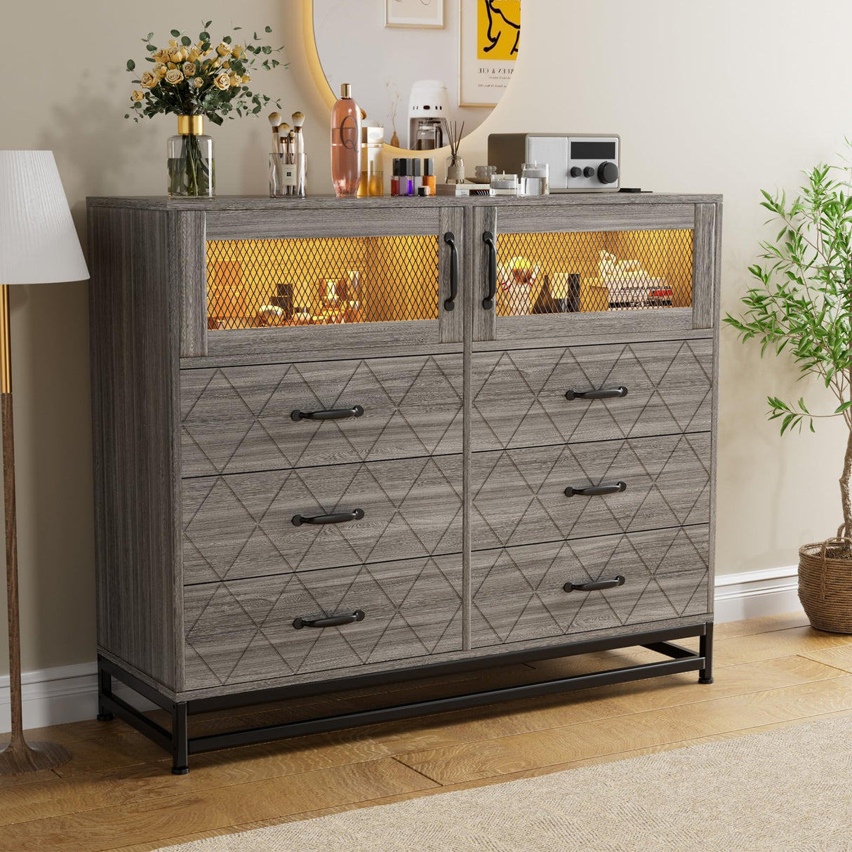 Grey Dresser for Bedroom with 6 Drawers 2-Door Storage Cabinet Dressers & Chest of Drawers with Charging Station and LED Lights, 8 Drawers Tall Dressers for Bedroom,Living Room,Hallway,Closet Takywep